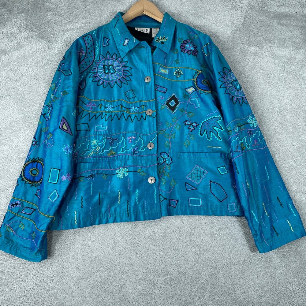 Chico's Design Silk Jacket Womens Large Teal Embroidered Art To Wear Boho
